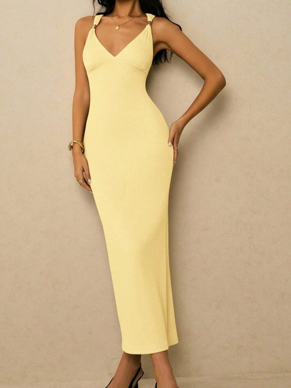 Light Yellow Sexy Women's Sweetheart Neck Fitted Elegant Sleeveless Dress - Picture 7 of 7